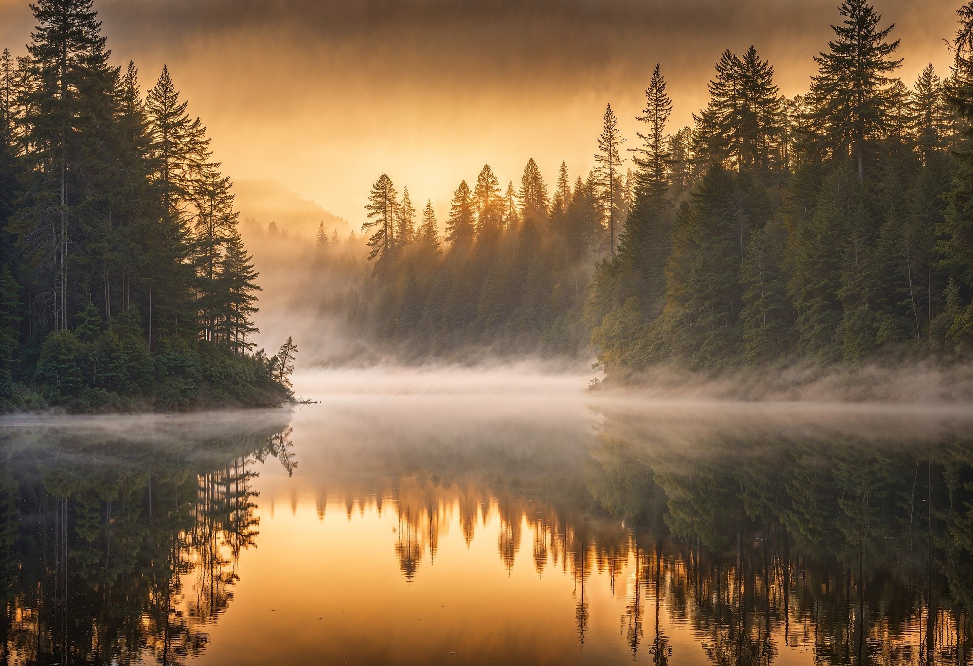 Trees, Lake, Sunrise image